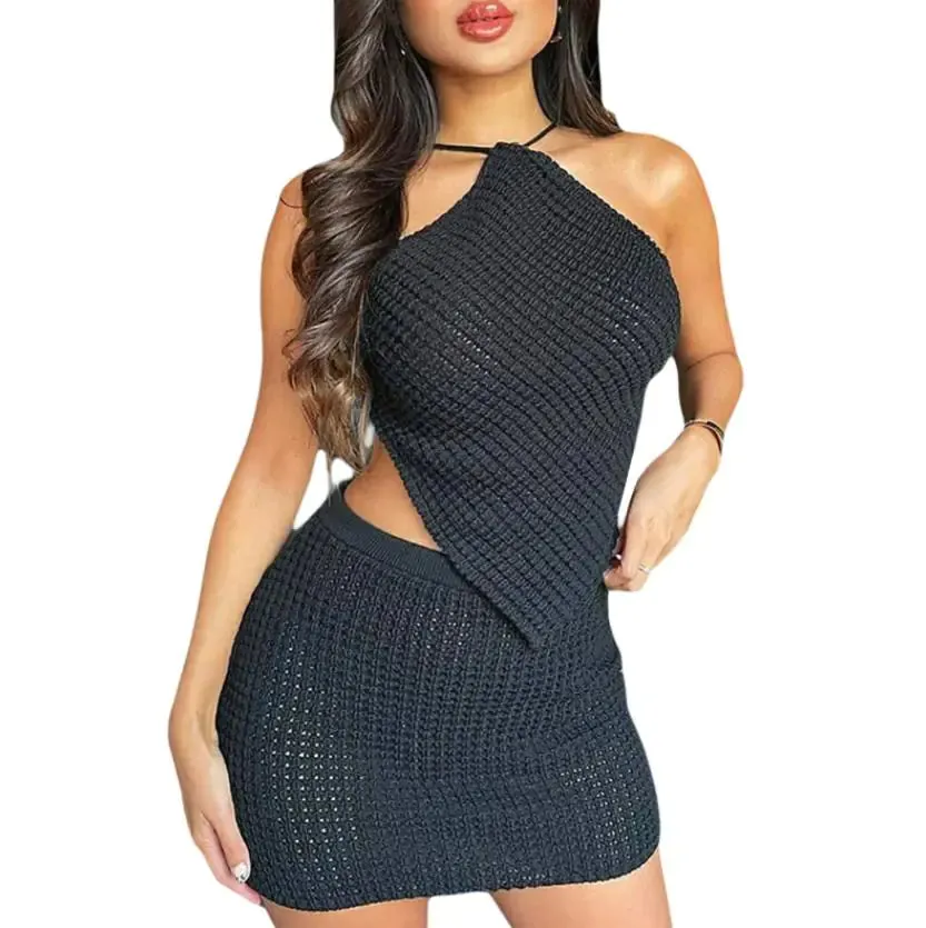 Conjunto 2 Piezas Crochet Cuello Halter Espalda Descubierta