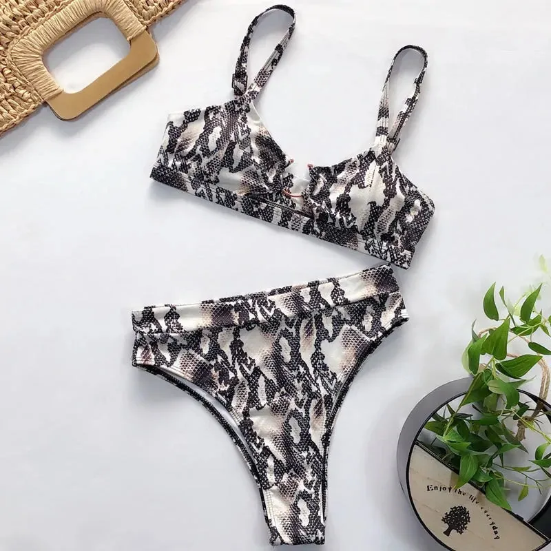 Conjunto de Bikini de Cintura Alta Estampado Leopardo y Serpiente