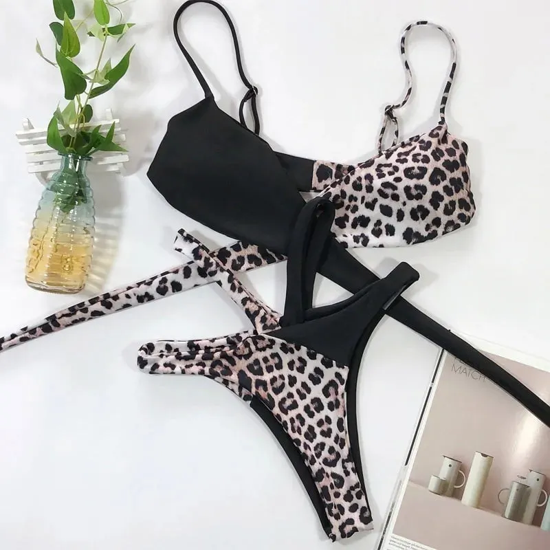 Conjunto de Bikini de Cintura Alta Estampado Leopardo y Serpiente
