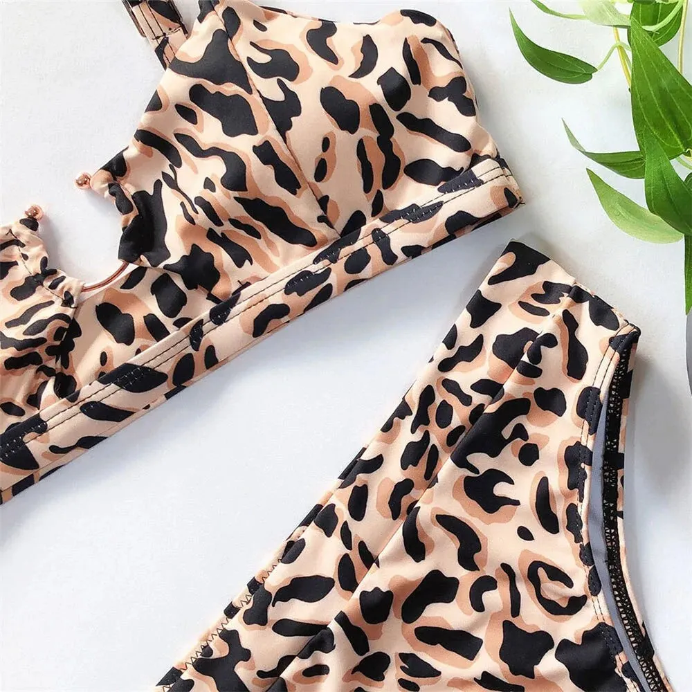 Conjunto de Bikini de Cintura Alta Estampado Leopardo y Serpiente