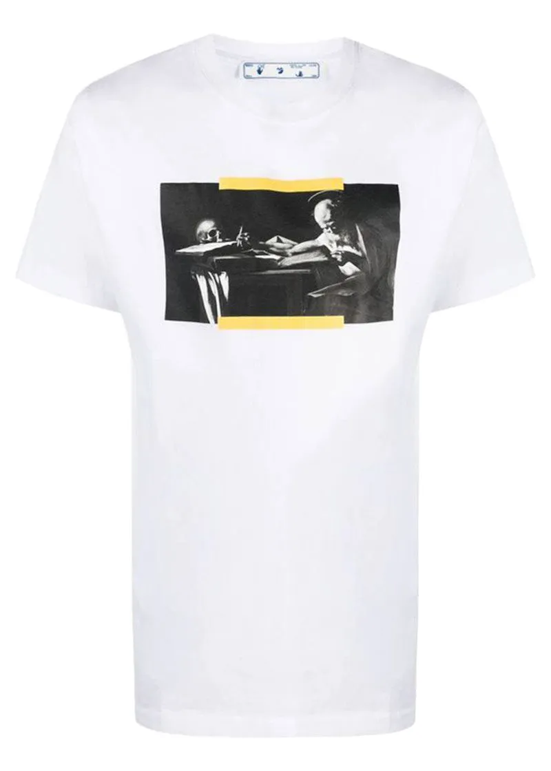 OFFWHITE CARAVAGGIO SAINT JEROME WRITING HANDS OFF LOGO SLIM FIT TSHIRT WHILE/BLACK/YELLOW